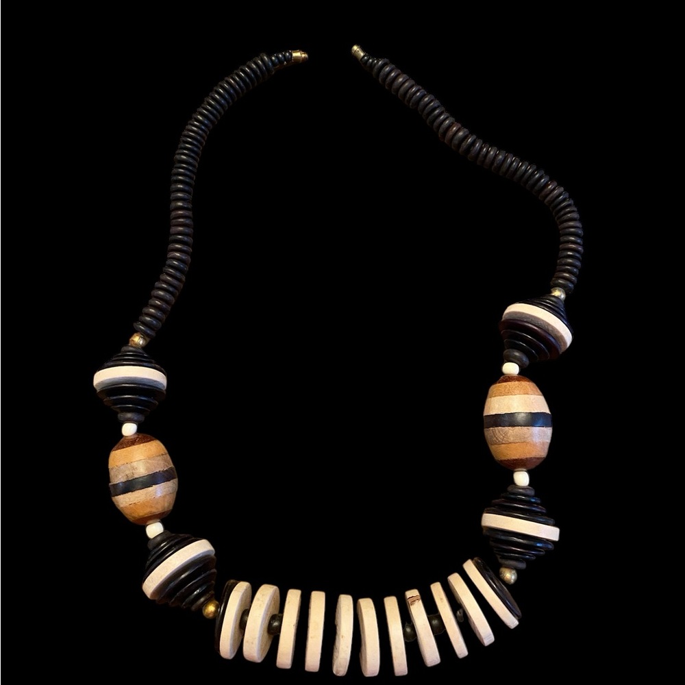 VTG 1970s Chunky Wood Bead Stmt Necklace Boho Tribal Black Brown Cream 25.5"